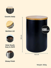 Urbane Home 1000ml Ceramic Jar for Kitchen Storage | Air tight Container Set with Bamboo Lid | Kitchen Container for Snacks, Tea, Sugar | Multipurpose Organizer | Black | Pack of 2